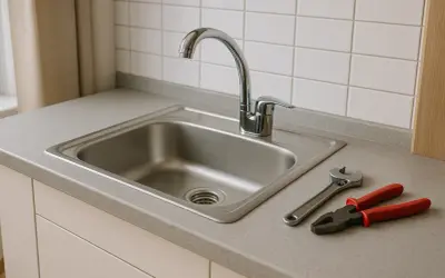 Zlewozmywak kuchenny z baterią i narzędziami: kluczem i kombinerkami.