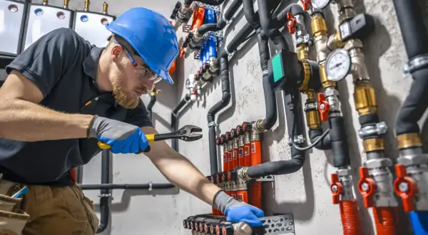 Hydraulik w niebieskim kasku naprawia instalację wodną za pomocą klucza.